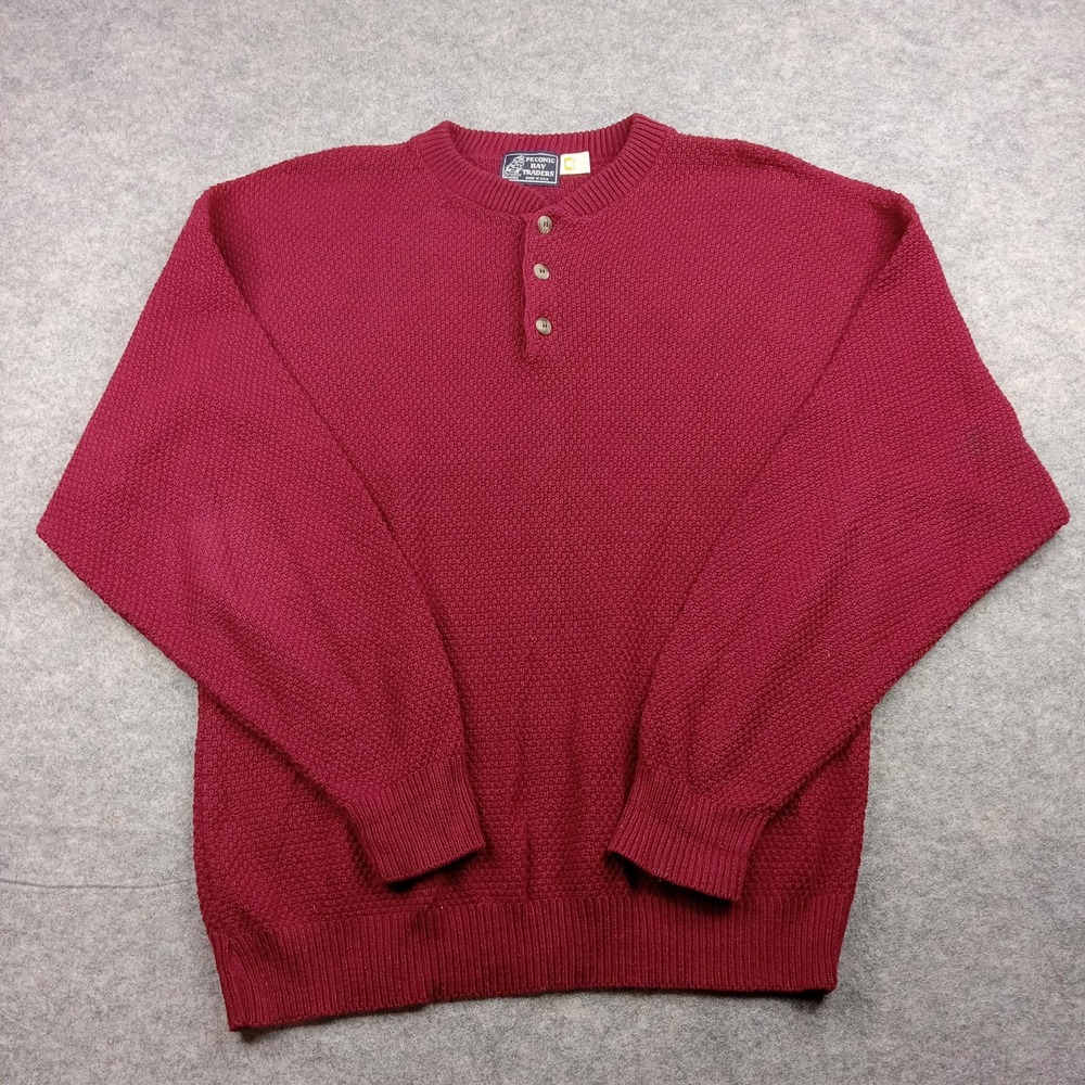 Peconic Bay Traders Sweater Mens Medium Red Cotton Henley Waffle Knit Made USA